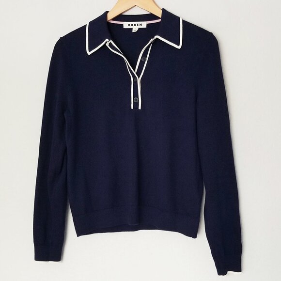 Boden Estelle Henley Sweater S Polo Collar Navy Blue Cotton Wool Blend Preppy - Picture 5 of 16